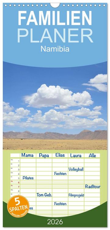 Produktbild: Familienplaner 2026 - Namibia mit 5 Spalten (Wandkalender, 21 x 45 cm) CALVENDO