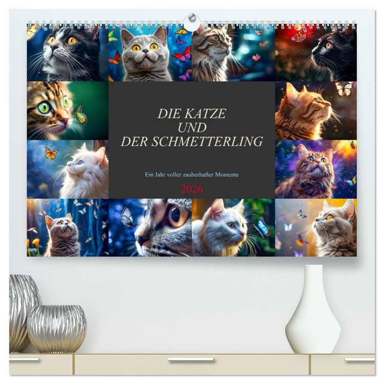 Produktbild: Die Katze und der Schmetterling (hochwertiger Premium Wandkalender 2026 DIN A2 quer), Kunstdruck in Hochglanz