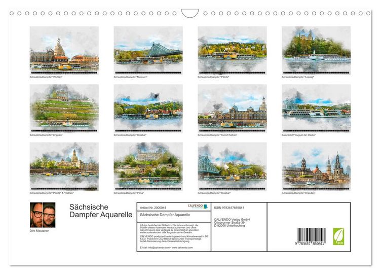 Produktbild: S&auml;chsische Dampfer Aquarelle (Wandkalender 2026 DIN A3 quer), CALVENDO Monatskalender