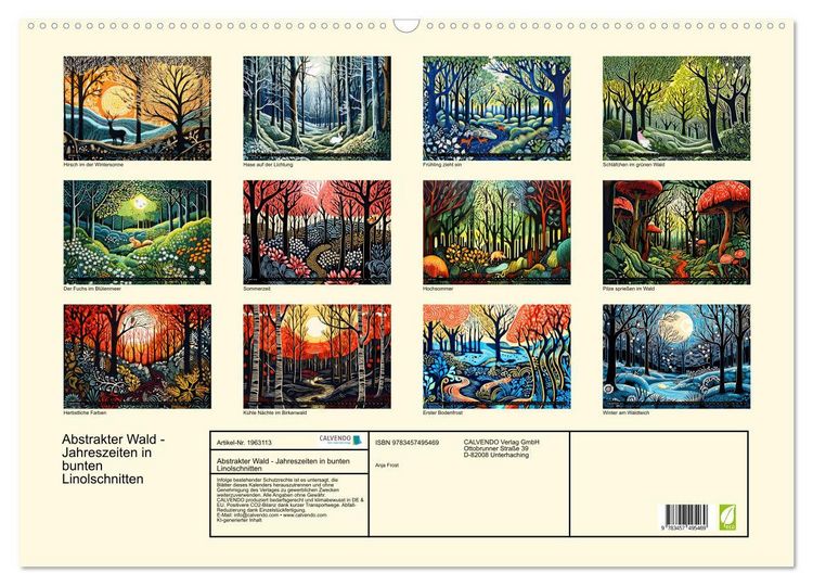 Produktbild: Abstrakter Wald - Jahreszeiten in bunten Linolschnitten (Wandkalender 2026 DIN A2 quer), CALVENDO Monatskalender