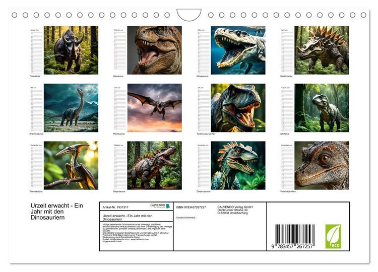 Produktbild: Urzeit erwacht - Ein Jahr mit den Dinosauriern (Wandkalender 2026 DIN A4 quer), CALVENDO Monatskalender