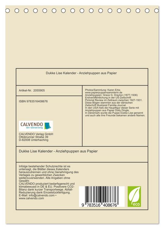 Produktbild: Dukke Lise Kalender - Anziehpuppen aus Papier (Tischkalender 2026 DIN A5 hoch), CALVENDO Monatskalender