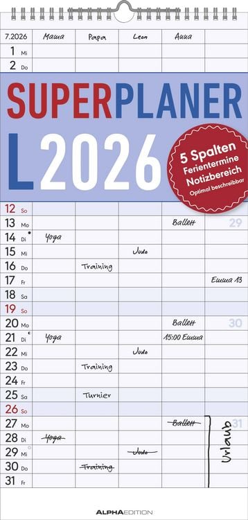 Bild vom Artikel Superplaner L 2026 5 Spalten - Familien-Timer 22x45 cm - Offset-Papier - mit Ferienterminen - Wand-Planer - Familienkalender - Alpha Edition vom Autor Alpha Edition