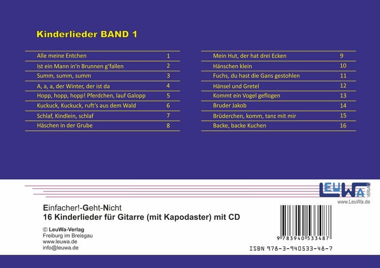 Produktbild: Einfacher!-Geht-Nicht: 16 Kinderlieder BAND 1 &ndash; f&uuml;r Gitarre mit Kapodaster incl. CD
