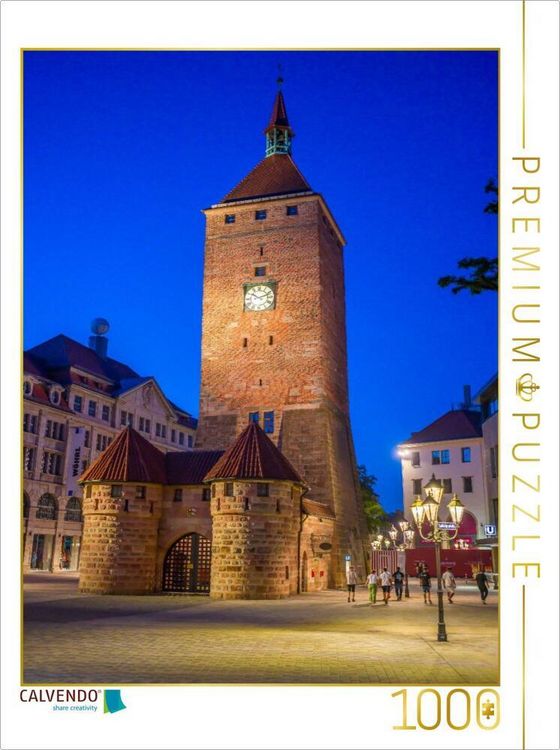 Produktbild: CALVENDO Puzzle N&uuml;rnberg - Wei&szlig;er Turm zur Blauen Stunde | 1000 Teile Lege-Gr&ouml;&szlig;e 64x48cm Foto-Puzzle f&uuml;r gl&uuml;ckliche Stunden