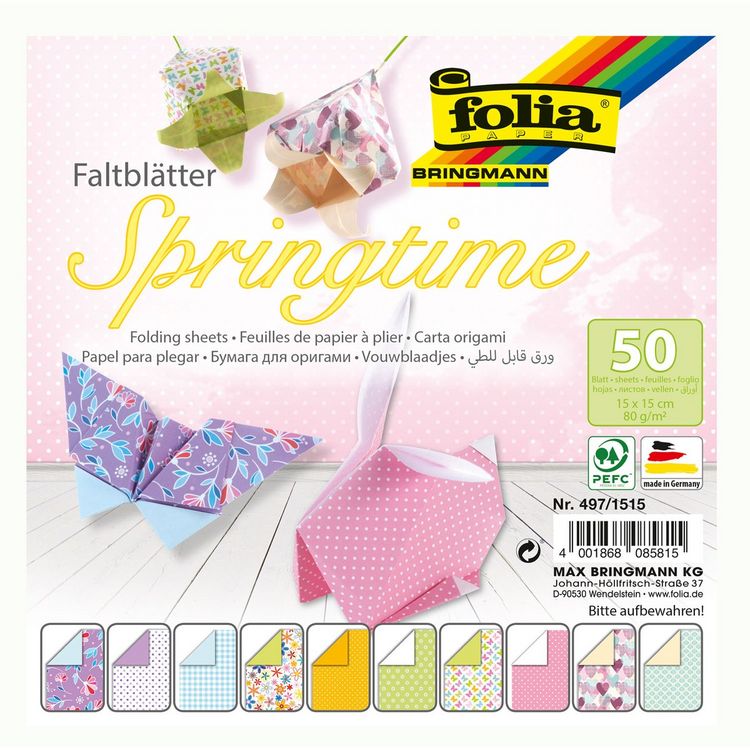 Produktbild: Folia  Faltbl&auml;tter SPRINGTIME 80g/m&sup2;, 15x15cm, 50 Blatt, 10 Motive sortiert