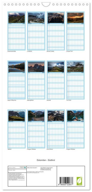 Produktbild: Familienplaner 2026 - Dolomiten - S&uuml;dtirol mit 5 Spalten (Wandkalender, 21 x 45 cm) CALVENDO