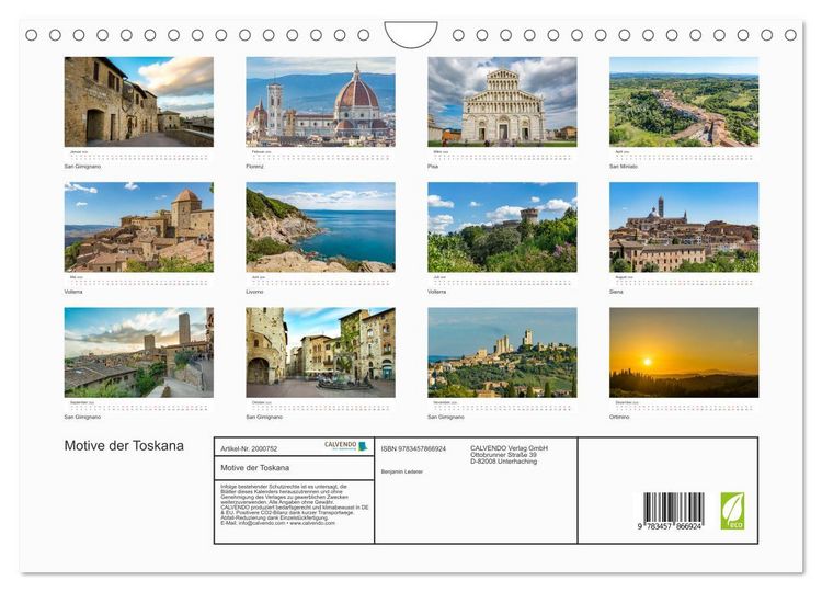 Produktbild: Motive der Toskana (Wandkalender 2026 DIN A4 quer), CALVENDO Monatskalender