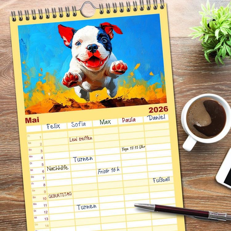 Produktbild: Familienplaner 2026 - Pit Bulls und Familie. Bunte Bull Breed Sch&ouml;nheiten mit 5 Spalten (Wandkalender, 21 x 45 cm) CALVENDO