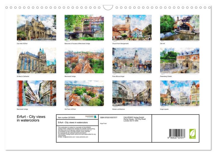 Produktbild: Erfurt - City views in watercolors (Wall Calendar 2026 DIN A3 landscape), CALVENDO 12 Month Wall Calendar