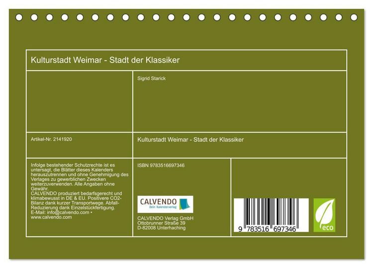 Produktbild: Kulturstadt Weimar - Stadt der Klassiker (Tischkalender 2026 DIN A5 quer), CALVENDO Monatskalender