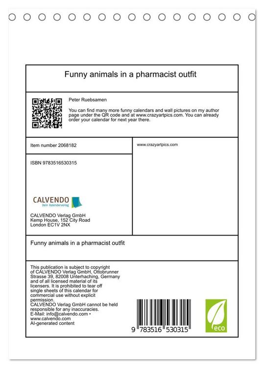 Produktbild: Funny animals in a pharmacist outfit (Desk Calendar 2026 DIN A5 portrait), CALVENDO 12 Month DeskCalendar