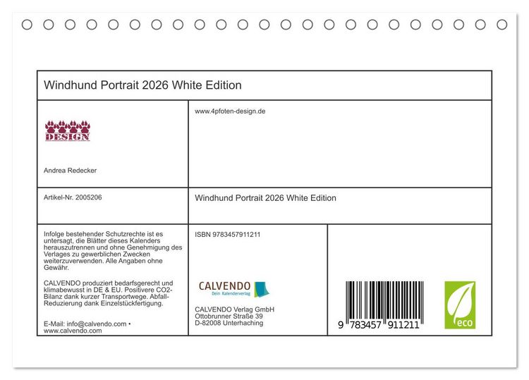 Produktbild: Windhund Portrait 2026 White Edition (Tischkalender 2026 DIN A5 quer), CALVENDO Monatskalender