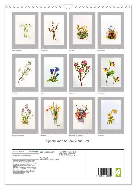 Produktbild: Alpenblumen Aquarelle aus Tirol (Wandkalender 2026 DIN A3 hoch), CALVENDO Monatskalender