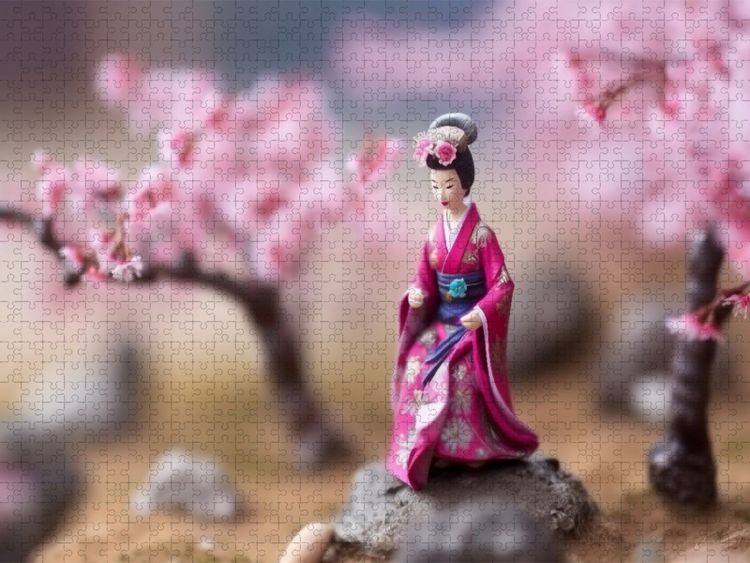 Produktbild: CALVENDO Puzzle Geisha zur Kirschbl&uuml;te - in Miniatur | 1000 Teile Lege-Gr&ouml;&szlig;e 64x48cm Foto-Puzzle f&uuml;r gl&uuml;ckliche Stunden