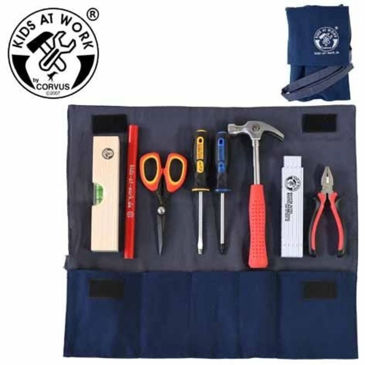 Produktbild: Corvus A600356 - Kids-at-Work, Werkzeugrolle gro&szlig; Set01 (mit Werkzeug), Werkzeugtasche mit 5 F&auml;cher, Stoff, blau, 20x37cm