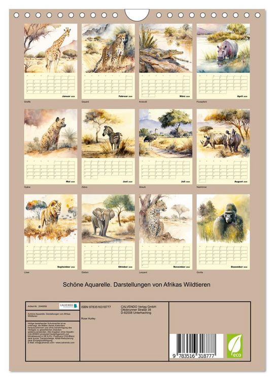 Produktbild: Sch&ouml;ne Aquarelle. Darstellungen von Afrikas Wildtieren (Wandkalender 2026 DIN A4 hoch), CALVENDO Monatskalender