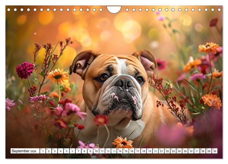 Produktbild: Englische Bulldoggen im Bl&uuml;tenmeer (Wandkalender 2026 DIN A4 quer), CALVENDO Monatskalender