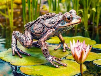 Produktbild: CALVENDO Puzzle Metall-Frosch auf Seerose: Kreative Gartendeko mit Upcycling-Charme | 2000 Teile Lege-Gr&ouml;&szlig;e 90x67cm Foto-Puzzle f&uuml;r gl&uuml;ckliche Stunden