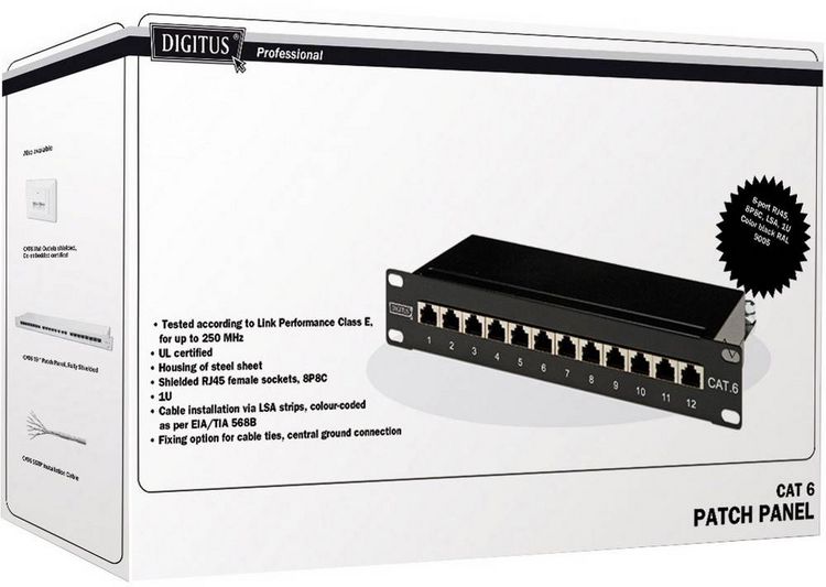 Produktbild: Digitus DN-91612S 12 Port Netzwerk-Patchpanel 254mm (10\") CAT 6 1 HE Best&uuml;ckt