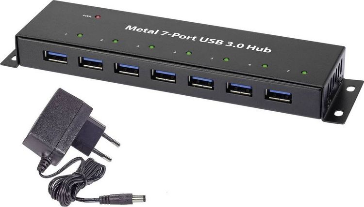Produktbild: Renkforce RF-3955359 USB-Hub 7 Port USB-A USB 3.0 5 GBit/s zur Wandmontage, Metallgeh&auml;use Schwarz RF-3955359