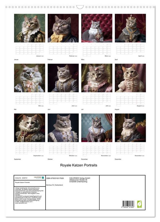 Produktbild: Royale Katzen Portraits (Wandkalender 2026 DIN A2 hoch), CALVENDO Monatskalender