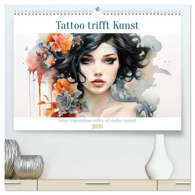 Produktbild: Tattoo trifft Kunst - Starke Tattoos treffen auf sanftes Aquarell (hochwertiger Premium Wandkalender 2026 DIN A2 quer), Kunstdruck in Hochglanz