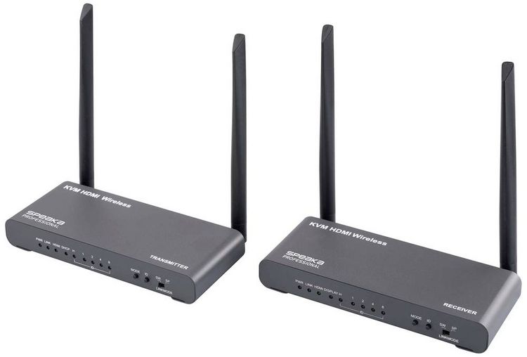 Produktbild: SpeaKa Professional SP-HDE-620 HDMI-Funk&uuml;bertragung (Set) 100 m 5 GHz 3840 x 2160 Pixel KVM-Funktion (Tastatur, Bildschirm, Maus), mit Loop-Funktion