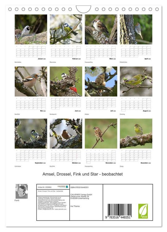 Produktbild: Amsel, Drossel, Fink und Star - beobachtet (Wandkalender 2026 DIN A4 hoch), CALVENDO Monatskalender