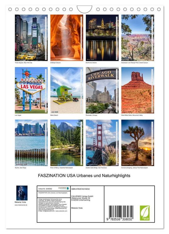 Produktbild: FASZINATION USA Urbanes und Naturhighlights (Wandkalender 2026 DIN A4 hoch), CALVENDO Monatskalender