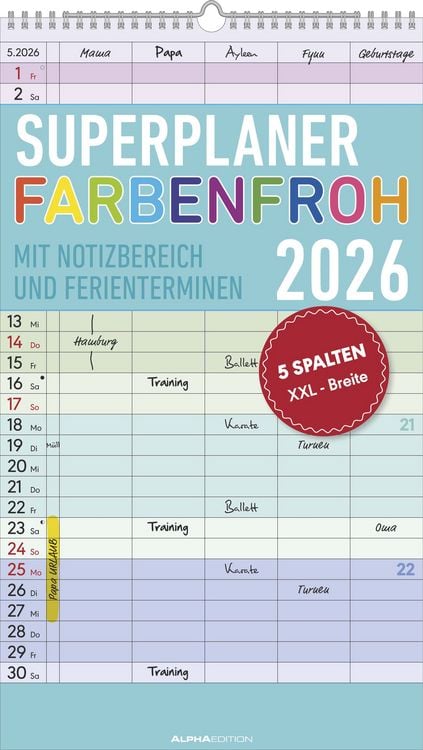Produktbild: Superplaner Farbenfroh 2026 - 5 Spalten - Familienkalender 26x45 cm - Offset-Papier - mit Ferienterminen - Wandkalender - Wandplaner