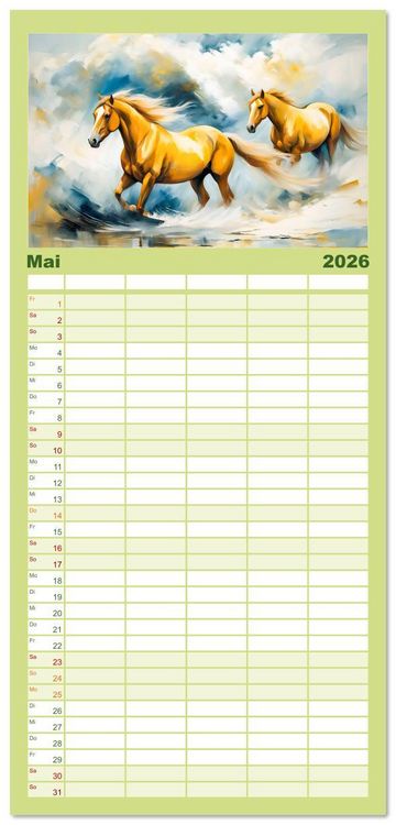 Produktbild: Familienplaner 2026 - Jahr des Pferdes - Der unbez&auml;hmbare Geist der Pferde mit 5 Spalten (Wandkalender, 21 x 45 cm) CALVENDO