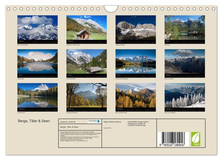 Produktbild: Berge, T&auml;ler & Seen (Wandkalender 2026 DIN A4 quer), CALVENDO Monatskalender