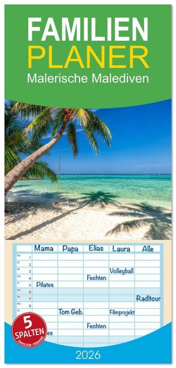 Produktbild: Familienplaner 2026 - Malerische Malediven mit 5 Spalten (Wandkalender, 21 x 45 cm) CALVENDO