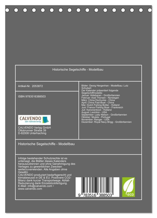 Produktbild: Historische Segelschiffe - Modellbau (Tischkalender 2026 DIN A5 hoch), CALVENDO Monatskalender