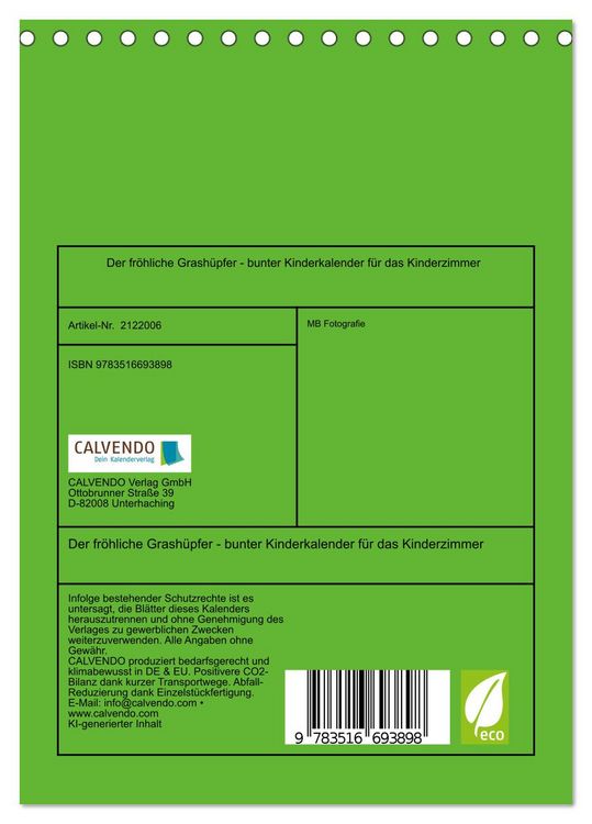 Produktbild: Der fr&ouml;hliche Grash&uuml;pfer - bunter Kinderkalender f&uuml;r das Kinderzimmer (Tischkalender 2026 DIN A5 hoch), CALVENDO Monatskalender