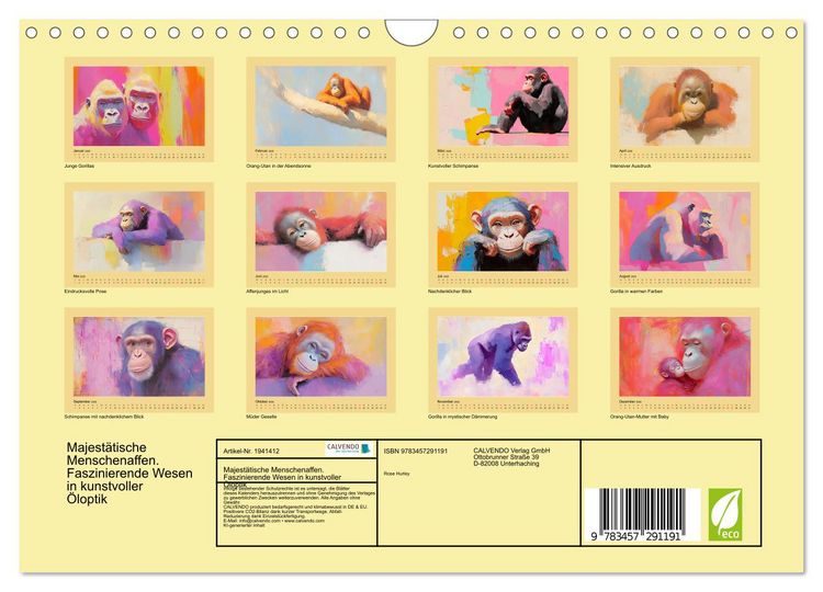 Produktbild: Majest&auml;tische Menschenaffen. Faszinierende Wesen in kunstvoller &Ouml;loptik (Wandkalender 2026 DIN A4 quer), CALVENDO Monatskalender
