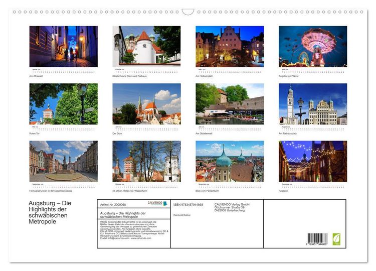 Produktbild: Augsburg &ndash; Die Highlights der schw&auml;bischen Metropole (Wandkalender 2026 DIN A2 quer), CALVENDO Monatskalender