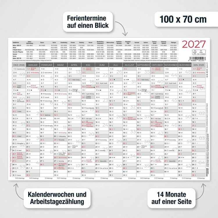Urlaubsplaner 2027/28 A2 abwischbar mit Marker für 8 Mitarbeiter Urlaubsplaner 2027/28 A2 abwischbar mit Marker für 8 Mitarbeiter
