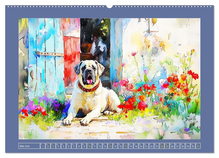 Produktbild: Majest&auml;tische English Mastiffs. Sanfte Riesen in Aquarell-Eleganz (Wandkalender 2026 DIN A2 quer), CALVENDO Monatskalender