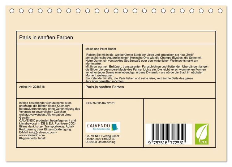 Produktbild: Paris in sanften Farben (Tischkalender 2027 DIN A5 quer), CALVENDO Monatskalender
