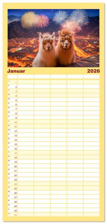 Produktbild: Familienplaner 2026 - Die Welt der Alpakas mit 5 Spalten (Wandkalender, 21 x 45 cm) CALVENDO
