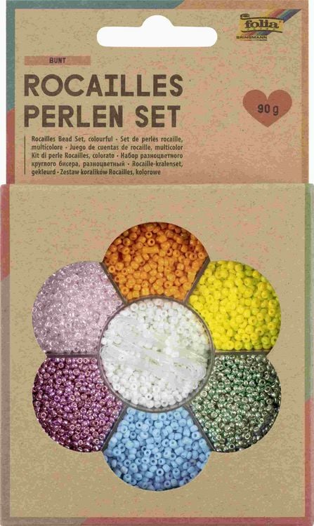 Produktbild: Folia Rocailles-Perlen-Set BUNT, ca. 90g Perlen, 3x1m Nylonfaden, 3 Verschl&uuml;sse