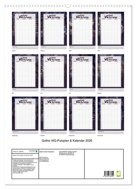 Produktbild: Gothic WG-Putzplan & Kalender 2026 (Wandkalender 2026 DIN A2 hoch), CALVENDO Monatskalender