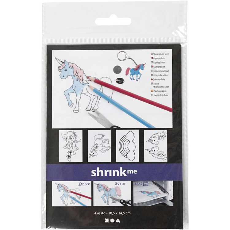 Produktbild: Creativ Company Plastikschrumpfplatten mit Motiven, Einh&ouml;rner, Blatt 10,5x14,5 cm, Dicke 0,3 mm, Matt transparent, 4 Blatt