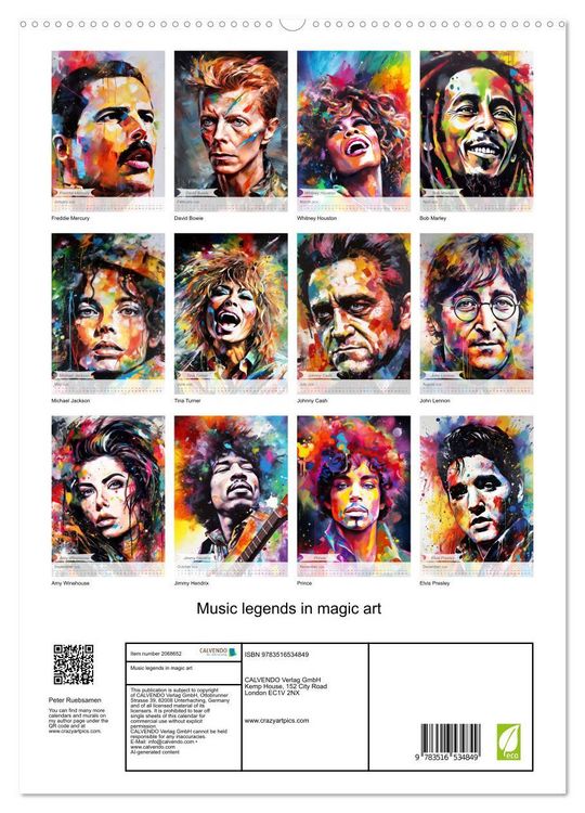 Produktbild: Music legends in magic art (High Quality Premium Wall Calendar 2026 DIN A2 portrait),CALVENDO 12 Month Wall Calendar