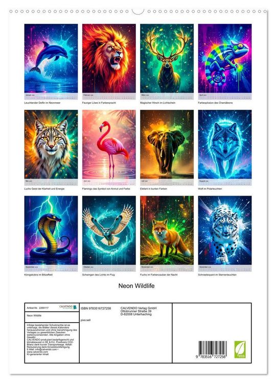 Produktbild: Neon Wildlife (hochwertiger Premium Wandkalender 2026 DIN A2 hoch), Kunstdruck in Hochglanz