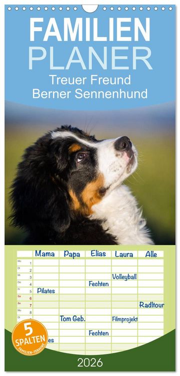 Produktbild: Familienplaner 2026 - Treuer Freund Berner Sennenhund mit 5 Spalten (Wandkalender, 21 x 45 cm) CALVENDO