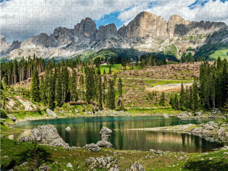 Produktbild: CALVENDO Puzzle Karersee mit Rosengartengruppe in den Dolomiten | 1000 Teile Lege-Gr&ouml;&szlig;e 64x48cm Foto-Puzzle f&uuml;r gl&uuml;ckliche Stunden