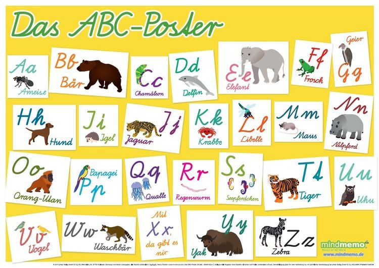 Produktbild: mindmemo Lernposter - Das Tier ABC Poster f&uuml;r Kinder in Schreibschrift Schulausgangsschrift Alphabet lernen